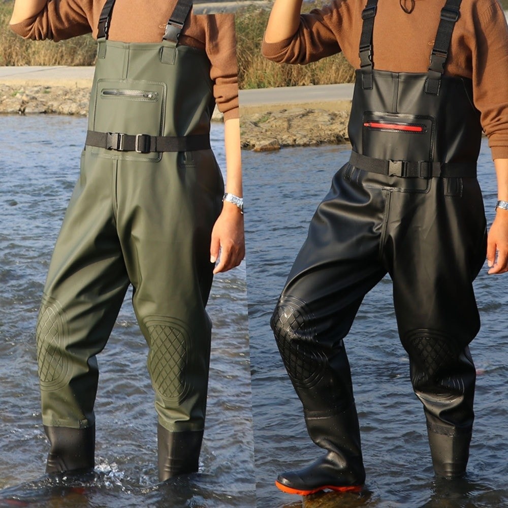 Fishing Pants Waterproof - ชุดตกปลา PVC ทนทาน กันน้ำ ดีไซน์หนา กางเกงเวดเดอร์พร้อมแผ่นรองเข่าคู่