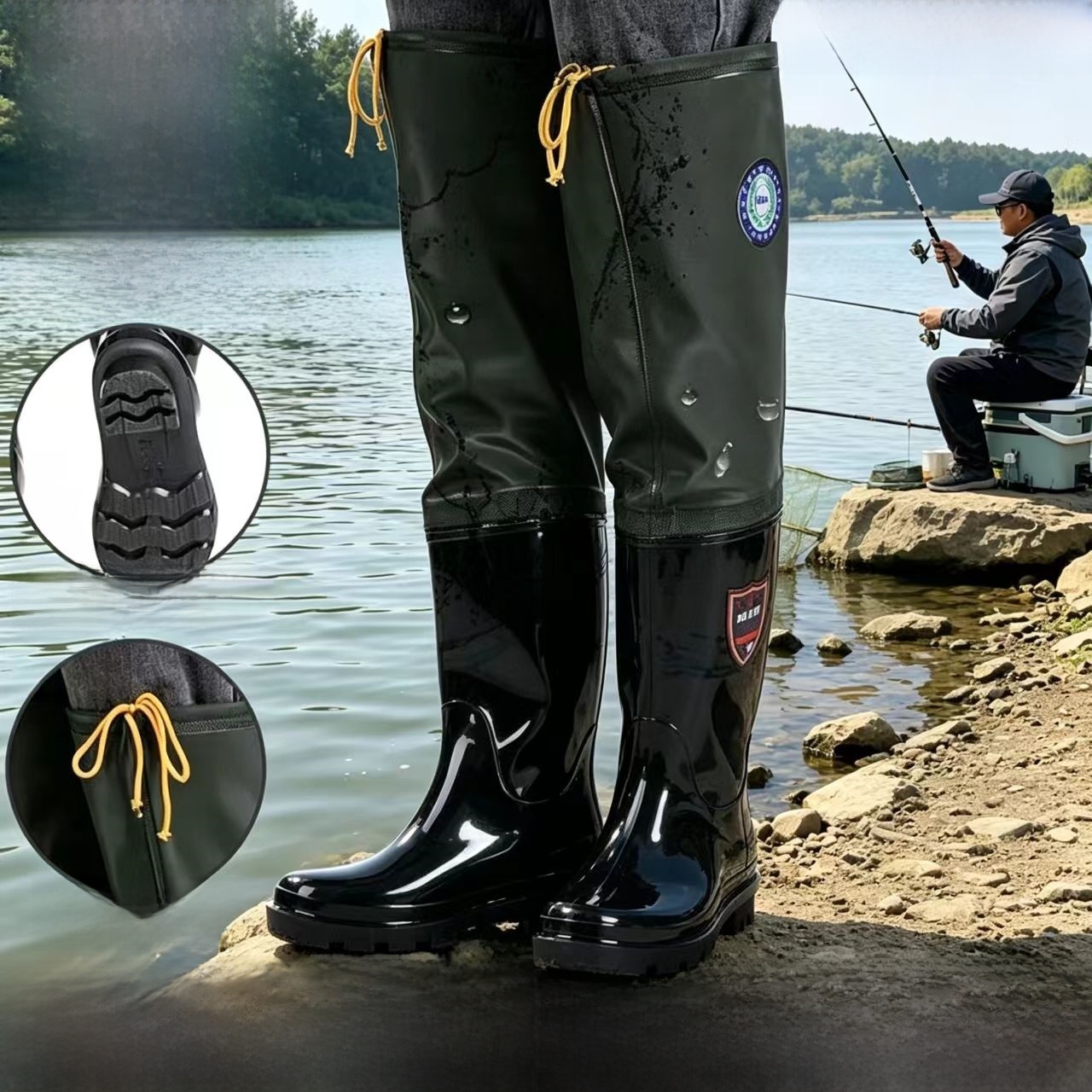 Fishing Pants Waterproof - รองเท้าบูทกันฝนแบบหนา ความยาวเหนือเข่า รองเท้าลุยน้ำทรงสูงสำหรับผู้ชาย ใส่ตกปลา กิจกรรมกลางแจ้ง กันน้ำ