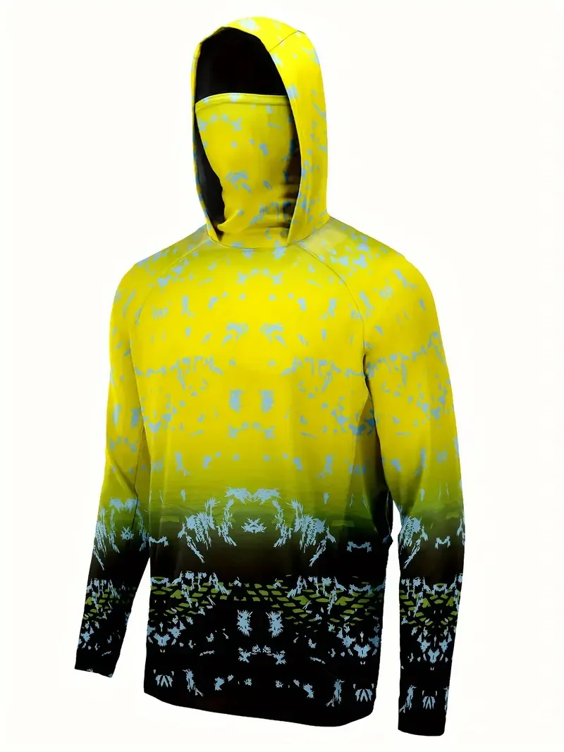 Fishing Mask Sun Protection - เสื้อตกปลาแบบมีฮู้ดสำหรับผู้ชาย ชุดตกปลาสำหรับกิจกรรมกลางแจ้ง ฤดูร้อน พร้อมหน้ากาก ป้องกันแสงแดดและรังสียูวี เสื้อเจอร์ซีย์ประสิทธิภาพสูง